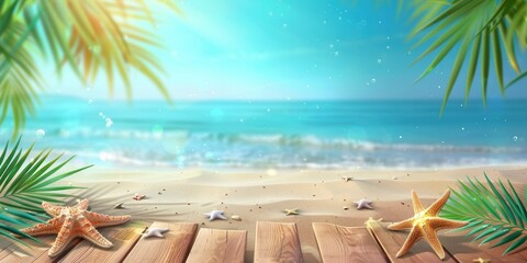 Sunny tropical beach with wooden planks and starfish, blue ocean background with palm leaves. A summer vacation concept scene of tropical island
