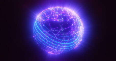 Abstract blue purple glowing digital high-tech futuristic energy plasma sphere with lines and particles on dark black background