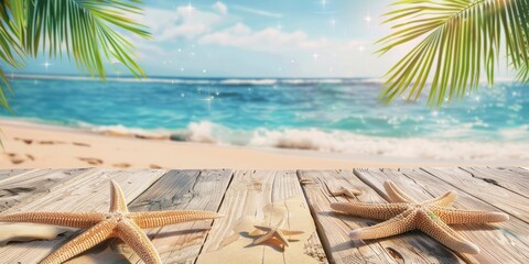 Fototapeta na wymiar Sunny tropical beach with wooden planks and starfish, blue ocean background with palm leaves. A summer vacation concept scene of tropical island
