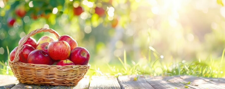 Red apples in a basket on a wooden table a blurred green grass and sunlight background. Autumn harvest, healthy eating concept. Bright sunny day