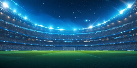 Photo of a soccer stadium at night with lights shining on the grass and stands filled with fans
