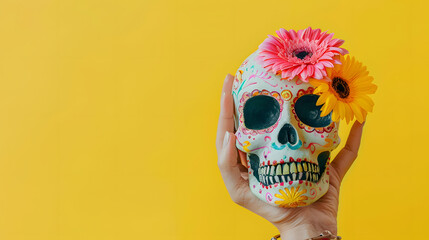 Hand holding a colorful painted sugar skull with a flower on its eye, isolated on a solid color...