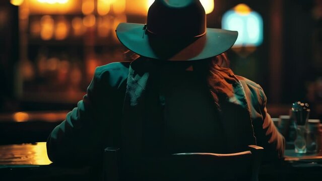 A solitary figure sits on a barstool facing away from the camera their hat and long coat dd over the back of the chair. A revolver . .