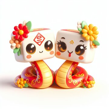Cute character 3D image concept art of a cute couple chinese snake. Lunar new year Red and yellow color scheme,flowers, white background
