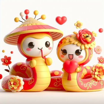 Cute character 3D image concept art of a cute couple chinese snake. Lunar new year Red and yellow color scheme,flowers, white background