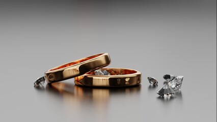 Two gold rings piled up on a black background. Designed with 3D rendering, macro focus.