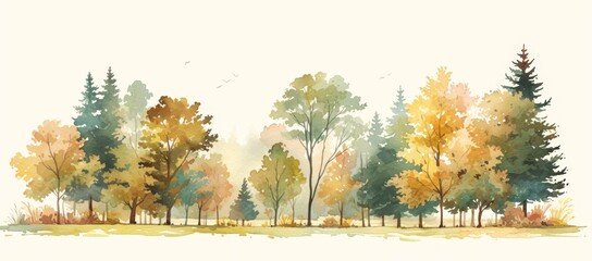 Watercolor forest trees in a row landscape banner with green, yellow and brown foliage