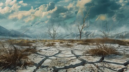 A barren landscape with cracked earth and withered plants, symbolizing the emptiness and desolation of depression.