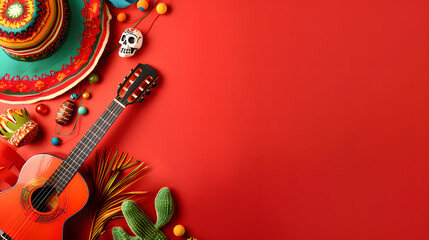 Mexican party decoration with sugar skull, guitar, sombrero, maracas and cactus on solid color background, top view with space for text. Cinco de mayo. The day of the dead. Dia de los Muertos