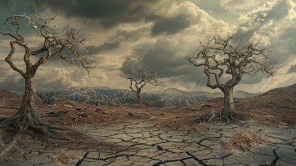 A barren landscape with cracked earth and dead trees, mirroring the desolation and emptiness of a troubled mind.