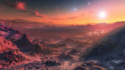 A breathtaking panorama of a distant exoplanet, with its colorful atmosphere and rugged terrain bathed in the light of its parent star. - obrazy, fototapety, plakaty