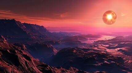 A breathtaking panorama of a distant exoplanet, with its colorful atmosphere and rugged terrain bathed in the light of its parent star.