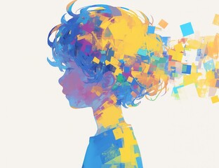 watercolor silhouette of a young boy with curly hair in profile view headshot with colorful paint splashes and drips on a white background