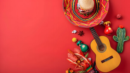 Mexican party decoration with sugar skull, guitar, sombrero, maracas and cactus on solid color background, top view with space for text. Cinco de mayo. The day of the dead. Dia de los Muertos