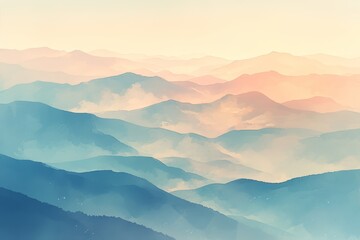 A serene mountain range at sunrise, rendered in the style of an abstract watercolor with pastel colors and soft gradients. 