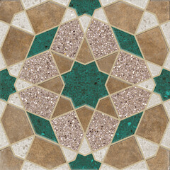 Grunge concrete wall with ornaments and prints. Digital tiles design.