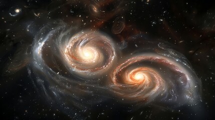 A breathtaking view of a distant galaxy collision, with two massive spiral galaxies merging...