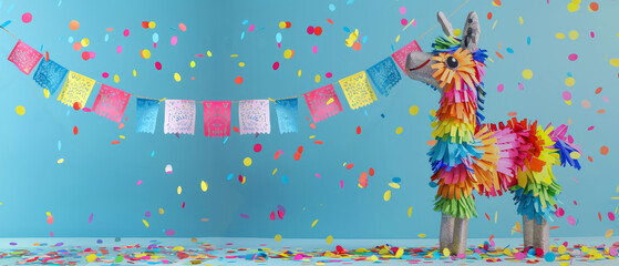 Colorful Fiesta Pinata with Festive Banners and Confetti - Vibrant Party Celebration Background for Web, Copy Space, and Event Template Design