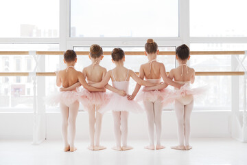 Rear view of group of little girls, ballet dancers in tutus preparing for ballet practice near window. Classical ballet school. Concept of art, sport, education, hobby, active lifestyle, leisure time.