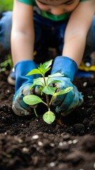 Close up of child hands planting vegetables in soil