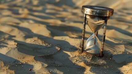 A broken hourglass lying abandoned in the sand, signifying the passage of time and the impermanence of existence.