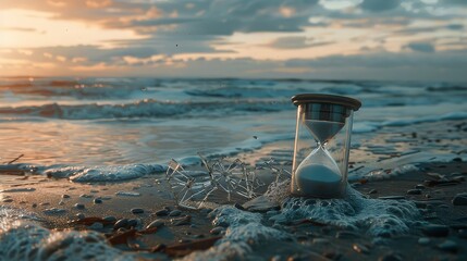 A broken hourglass lying on the shore, symbolizing the irreversible passage of time and the...