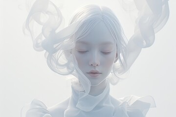 A surrealistic portrait of an albino woman with her hair made of smoke, on a white background