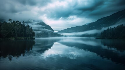 Fototapeta premium A calm lake reflecting the moody sky above, capturing the tranquility of introspection.