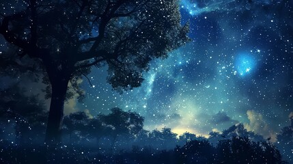 A canopy of stars shimmering overhead, casting a soft glow on a tranquil countryside landscape.