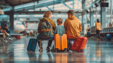 Family waiting at the airport with their suitcases. Family travel and vacation concept.