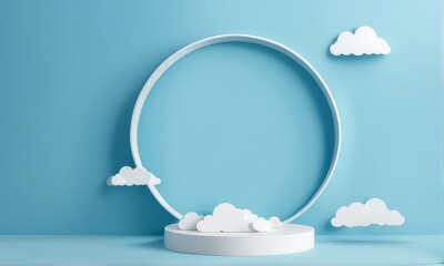 Minimalist scene with round podium and clouds, AI generated