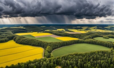 Aerial view of the yellow rapeseed field with dark storm clouds. AI generated