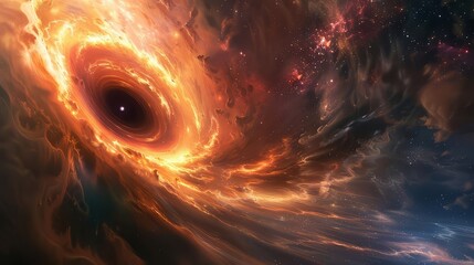 A captivating view of a massive supermassive black hole at the center of a distant galaxy, with swirling clouds of gas and dust surrounding it.