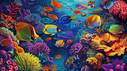 A colorful array of tropical fish, swimming among the vibrant corals of a bustling reef ecosystem in the warm waters of the ocean. - obrazy, fototapety, plakaty