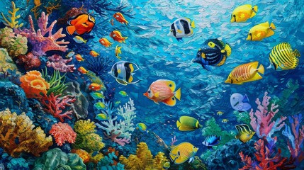 Fototapeta na wymiar A colorful array of tropical fish, swimming among the vibrant corals of a bustling reef ecosystem in the warm waters of the ocean.