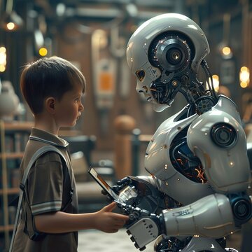 Robot and boy are friends A Boy studies with the help of a Robot. Robot and Human Collaboration Concept.