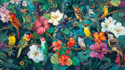A colorful congregation of tropical birds, perched among the vibrant blooms of a tropical rainforest, their melodious songs filling the air with a symphony of sounds as they go about their daily ritua - obrazy, fototapety, plakaty