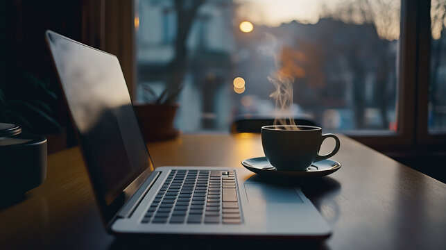 cup of coffee and laptop on the table, freelancing or work from home concept 