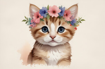 Portrait of cute kitten with flowers wreath on his head on a neutral background in watercolor style