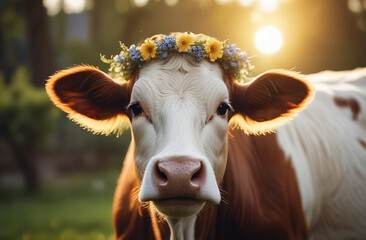 Portrait of a cow wearing a flower wreath on her head..