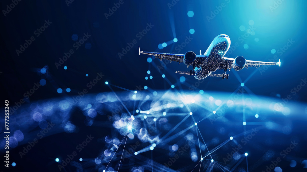 Poster a sleek airplane soars gracefully above a intricate network of lines and dots, creating a beautiful 