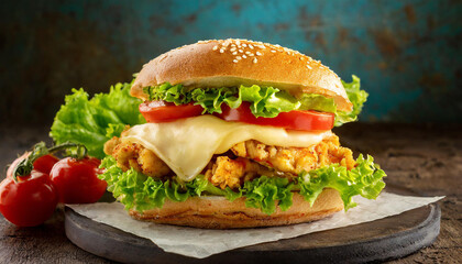 Spicy chicken sandwich with melted cheese, mayo, lettuce leaves and tomatoes. Tasty fast food.