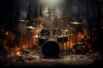 A drum set is shown with a lot of debris around it. - obrazy, fototapety, plakaty