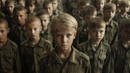 Army formation of children, in military style uniforms, preparing to become soldiers. - obrazy, fototapety, plakaty