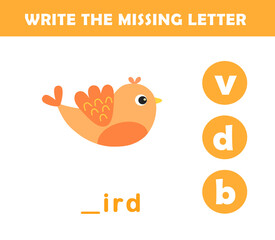Write the missing letter. Worksheet for kids. Find missing letter worksheet for children.
