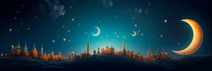 Obraz na płótnie Canvas vibrant a crescent moon and twinkling stars to symbolize the beginning of Ramadan. Generative AI
