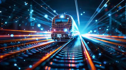 A modern passenger train travels through a tunnel illuminated by colorful lights, creating a mesmerizing and vibrant visual experience - obrazy, fototapety, plakaty