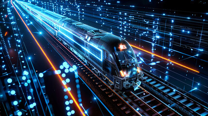 A modern train is seen traversing through a tunnel illuminated by vivid blue lights, creating a captivating visual experience