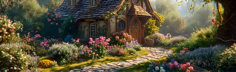 A charming flower-filled cottage surrounded by a lush garden filled with colorful flowers and climbing vines. Generative AI