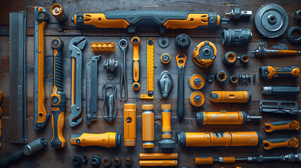 tools organized in a standardized way, knolling type, in black and yellow on a dark background